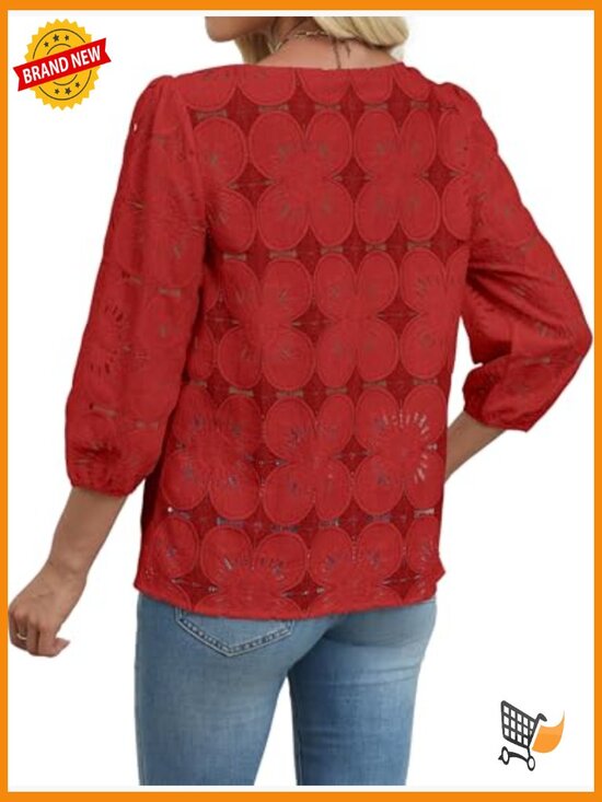 Eyelet Lace 3/4 Sleeve Peasant Top, Lightweight Blouse for Spring Summer - Picture 3 of 7